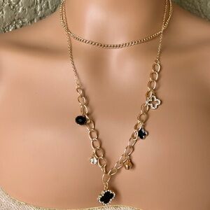 Trendy Gold Layered Black Clover Charm Necklace